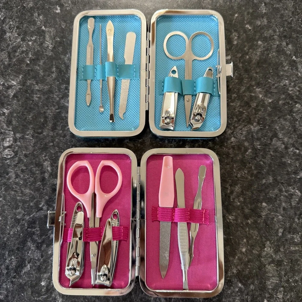 (2) 6-Pieces Manicure Set His & Hers Blue Pink Nail Clippers File Tweezers Set